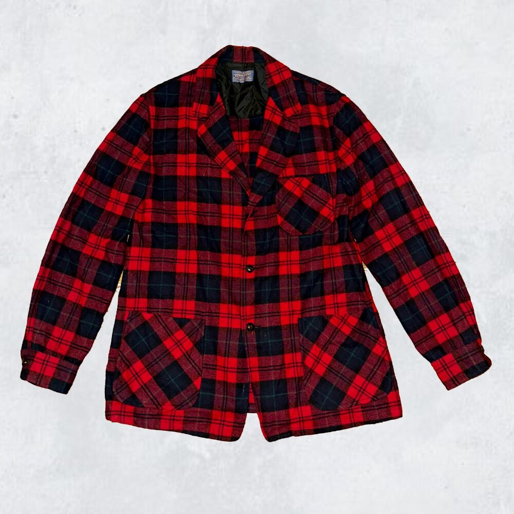 Pendleton Men's 3 Button 100% Wool Sport chore Coat Jacket L Red Plaid/tartan